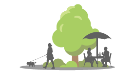 dog walking and picnic table beneath a tree illustration