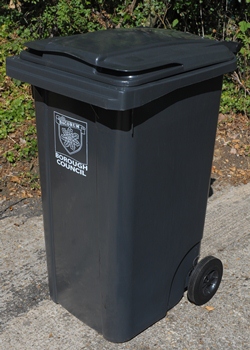 Grey wheeled bin Photo of a grey wheeled bin