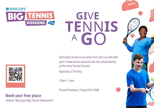 Promotional flyer for the Big Tennis Weekend featuring a woman and a boy playing tennis