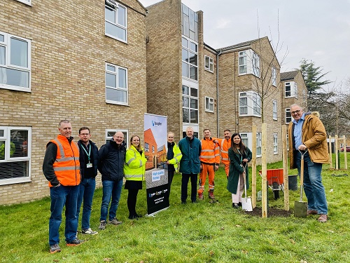 Tree planting Councillors, housing staff and Bugler at tree-planting event