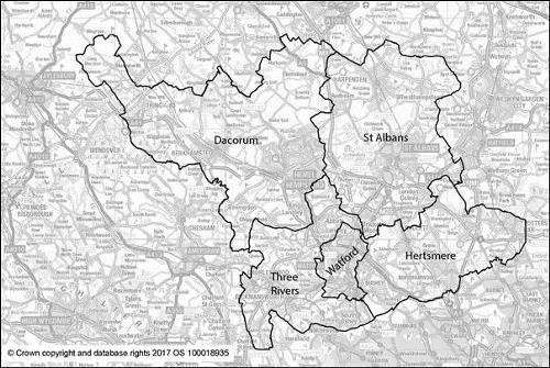 South West Herts Joint Strategic Plan Map Map of local authorities in South West Herts taking part in a Joint Strategic Plan